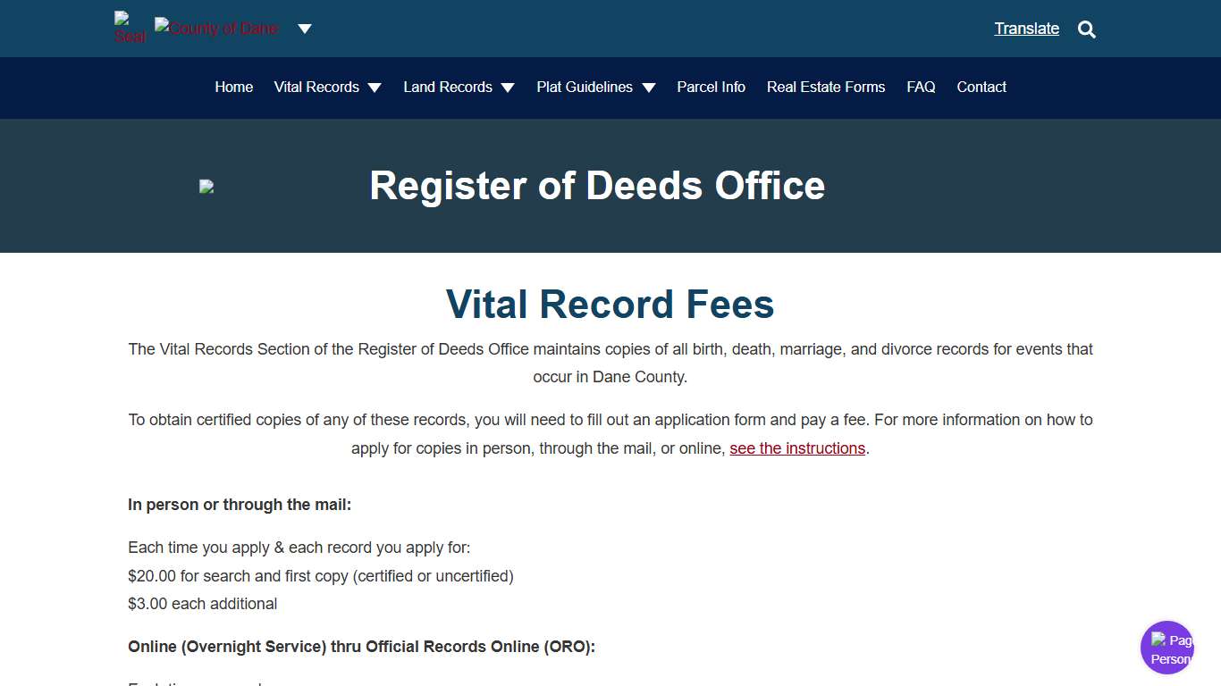 Vital Record Fees Register of Deeds