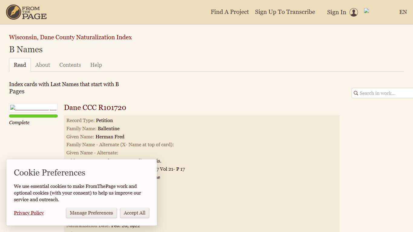 B Names (Wisconsin, Dane County Naturalization Index) FromThePage